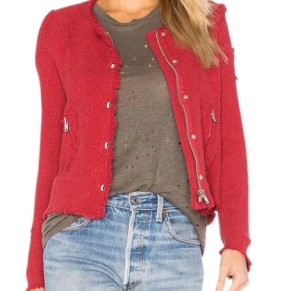 IRO distressed red Agnette jacket with frayed edges Size 1/S - Picture 3 of 11